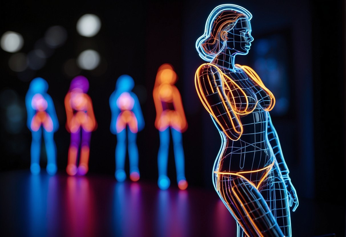 A female body silhouette neon sign glows against a dark background, showcasing the curves and contours of the figure