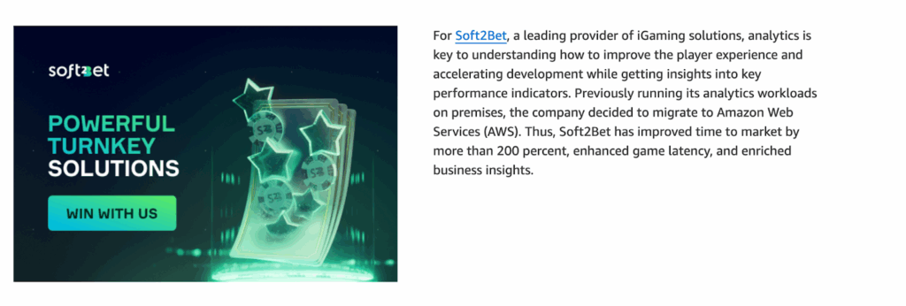 Soft2Bet promotes turnkey iGaming solutions and highlights improved performance after migrating analytics to AWS.