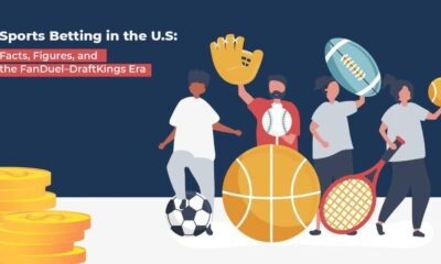 Illustration of people holding sports equipment such as a football, basketball, baseball glove, and tennis racket, representing sports betting in the United States with coins stacked in the foreground.