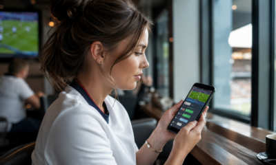 Woman checking football bets and messages on her phone in a sports lounge