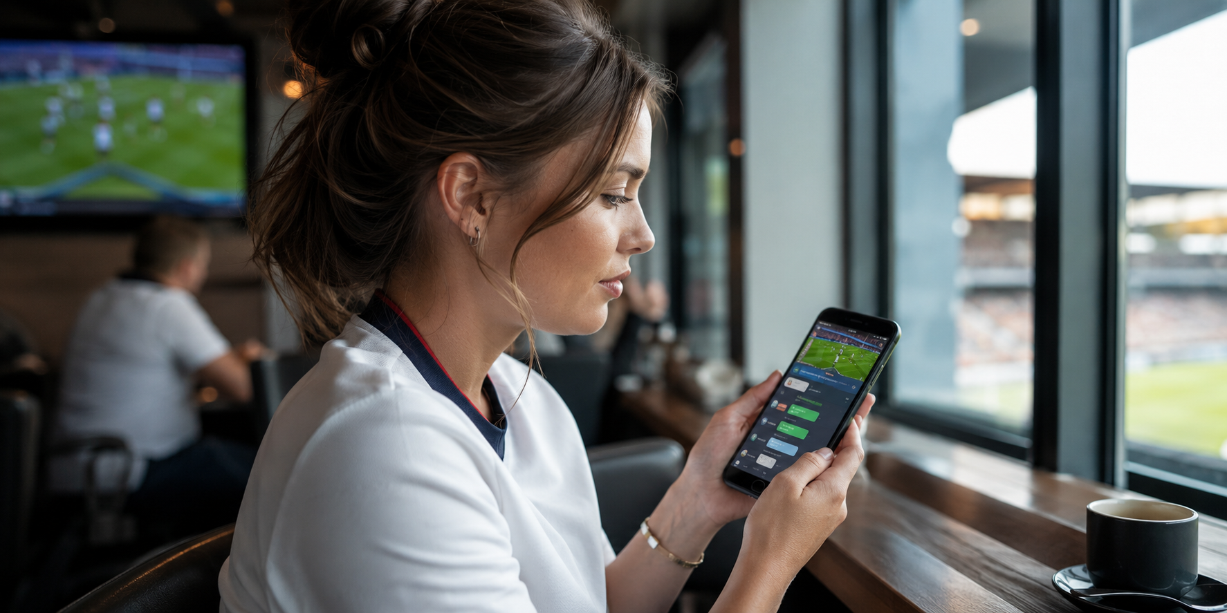 Woman checking football bets and messages on her phone in a sports lounge